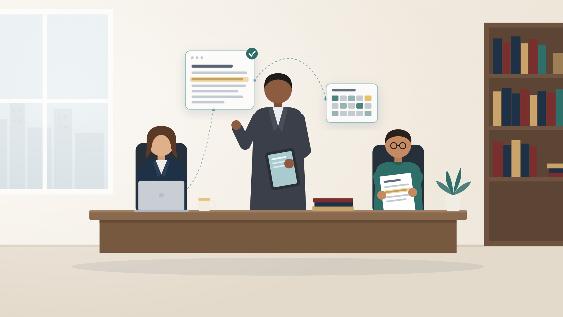 Illustration of legal professionals working together in a small law office with subtle AI tools in the workflow, representing AI and legal staffing