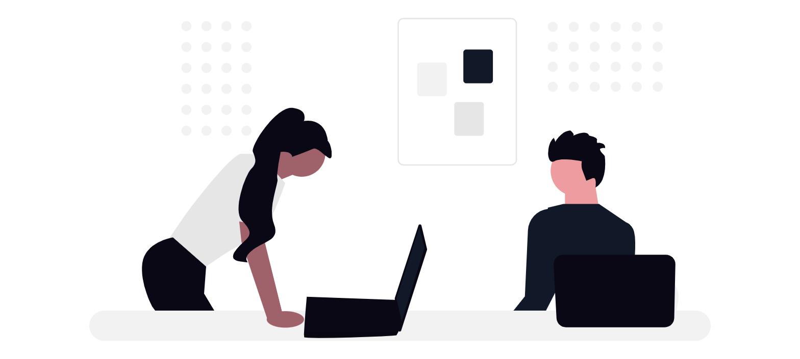 Illustration of two colleagues working together, representing temporary legal staffing for law firms
